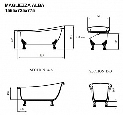 Magliezza Акриловая ванна на лапах Alba (155,5x72,5) ножки бронза – фотография-2